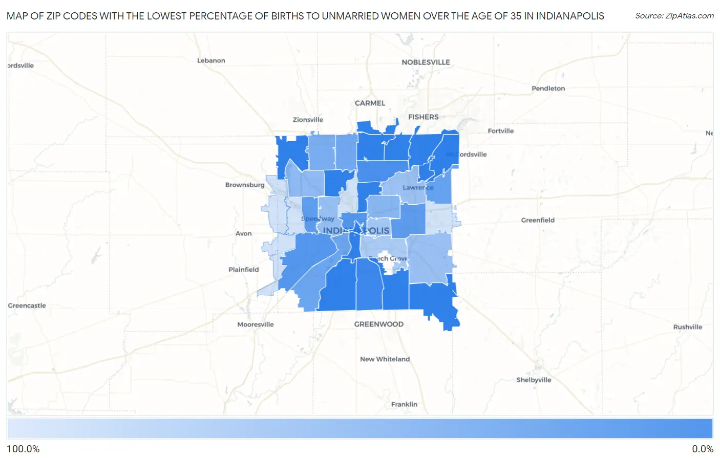 Zip Codes with the Lowest Percentage of Births to Unmarried Women over the Age of 35 in Indianapolis Map