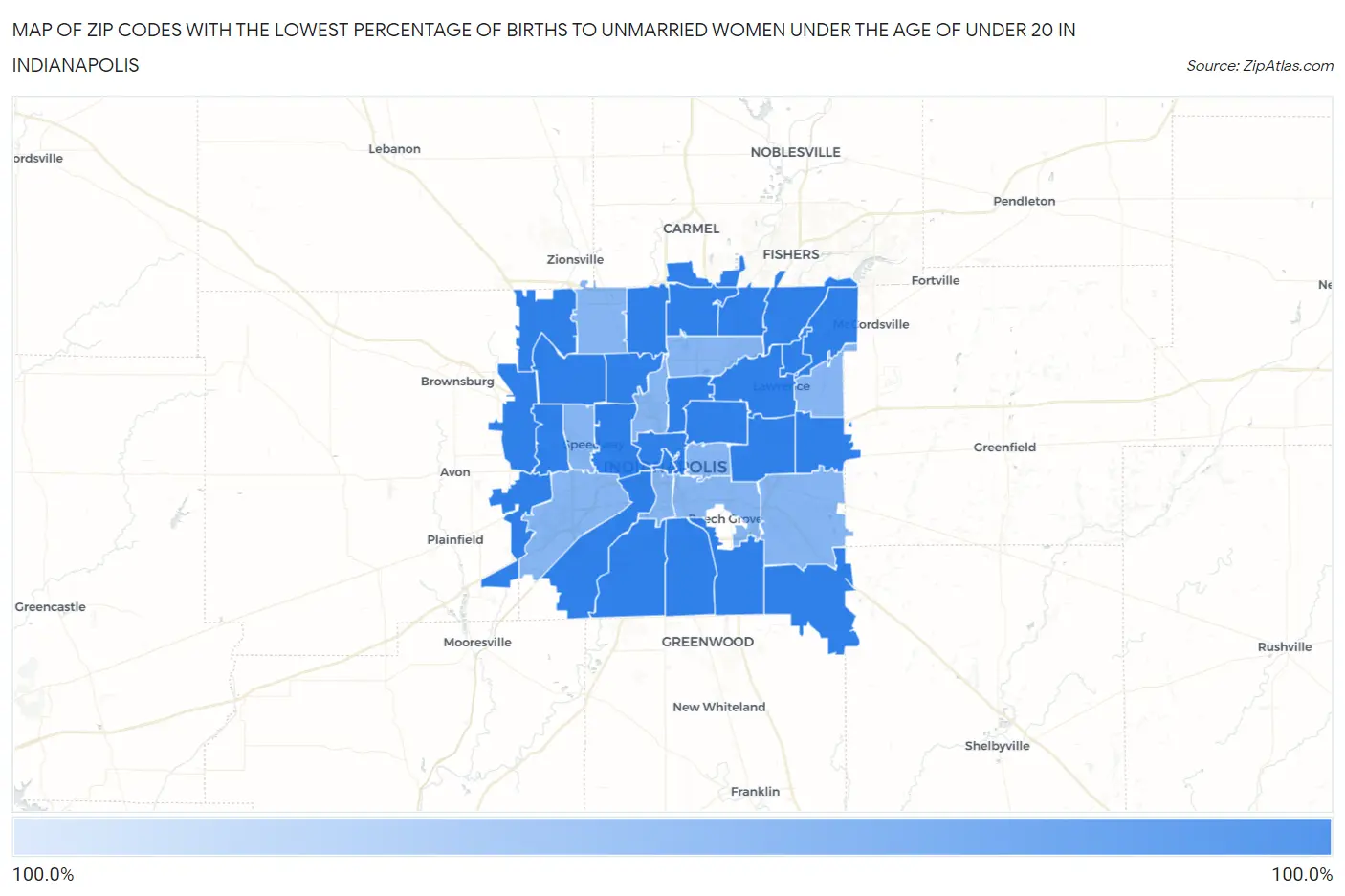 Zip Codes with the Lowest Percentage of Births to Unmarried Women under the Age of under 20 in Indianapolis Map