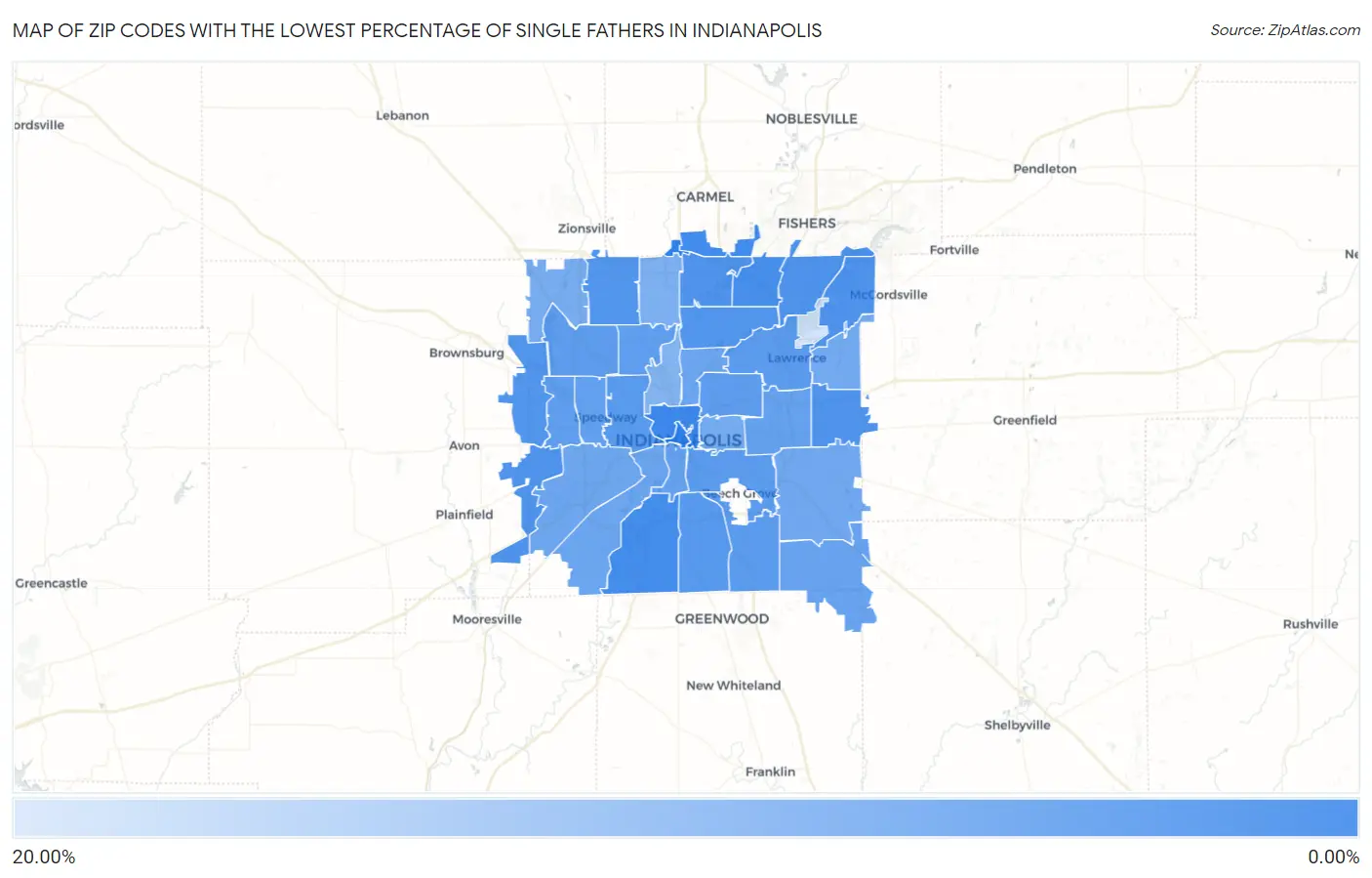 Zip Codes with the Lowest Percentage of Single Fathers in Indianapolis Map