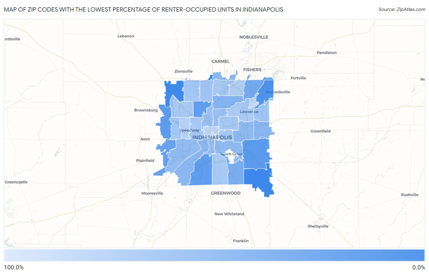 Zip Codes with the Lowest Percentage of Renter-Occupied Units in Indianapolis Map