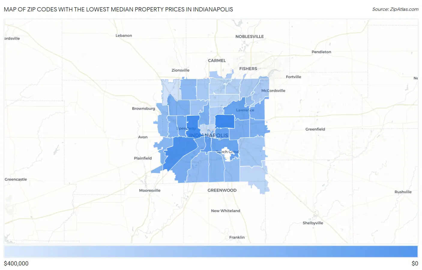 Zip Codes with the Lowest Median Property Prices in Indianapolis Map