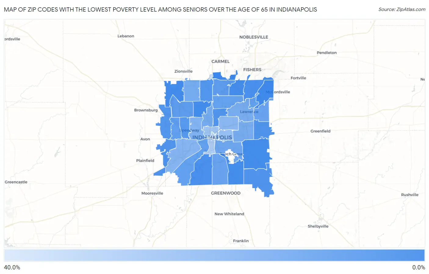 Zip Codes with the Lowest Poverty Level Among Seniors Over the Age of 65 in Indianapolis Map