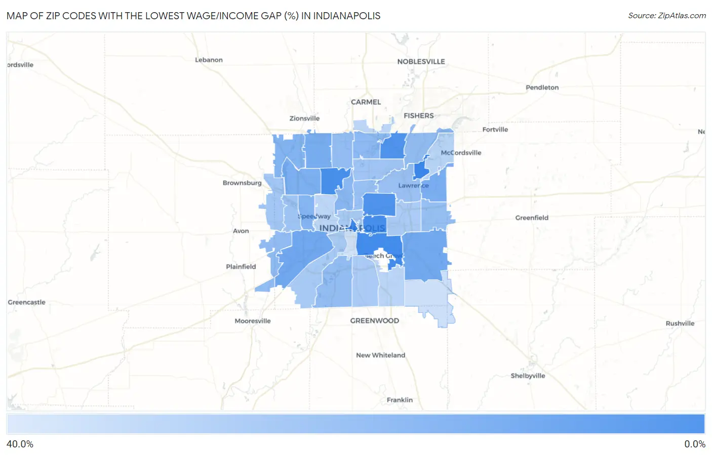 Zip Codes with the Lowest Wage/Income Gap (%) in Indianapolis Map