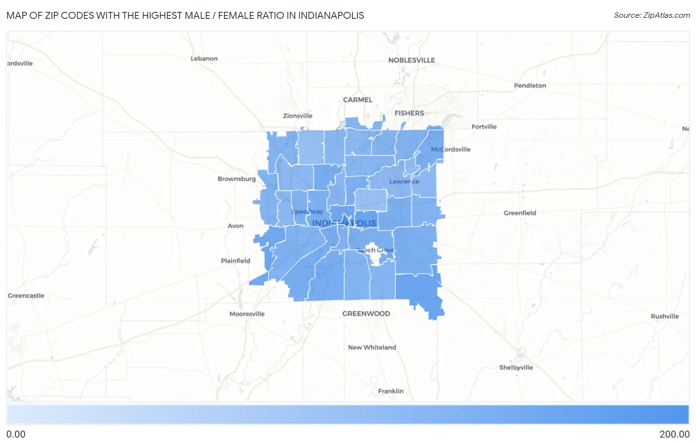 Zip Codes with the Highest Male / Female Ratio in Indianapolis Map
