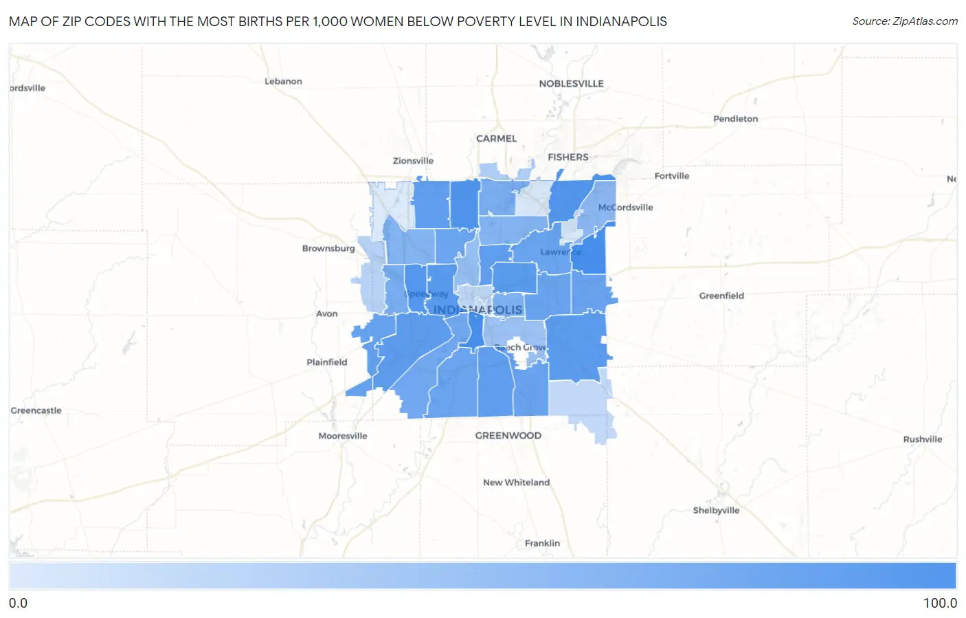 Zip Codes with the Most Births per 1,000 Women Below Poverty Level in Indianapolis Map