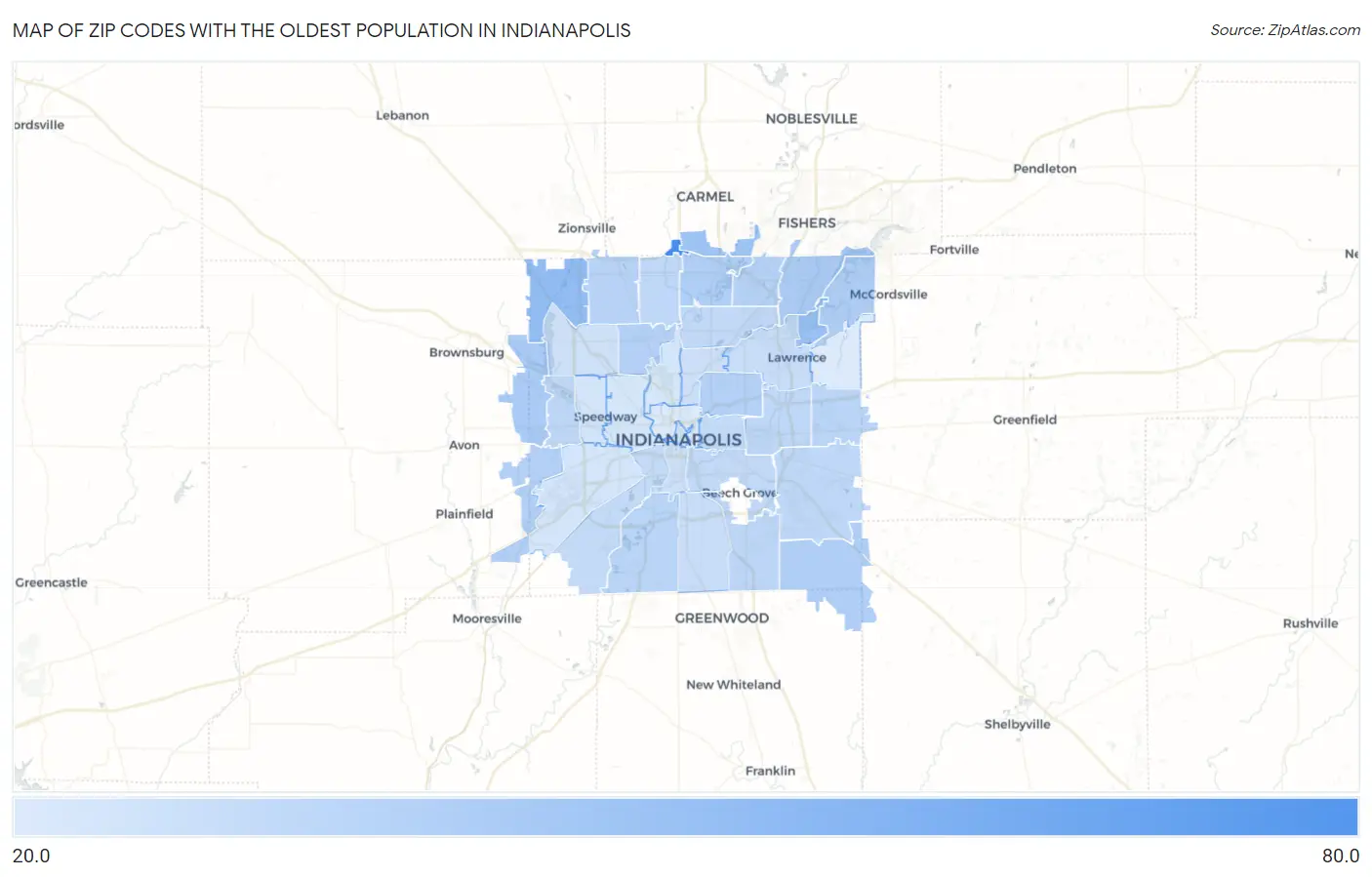 Zip Codes with the Oldest Population in Indianapolis Map