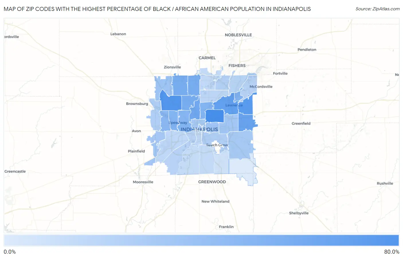 Zip Codes with the Highest Percentage of Black / African American Population in Indianapolis Map