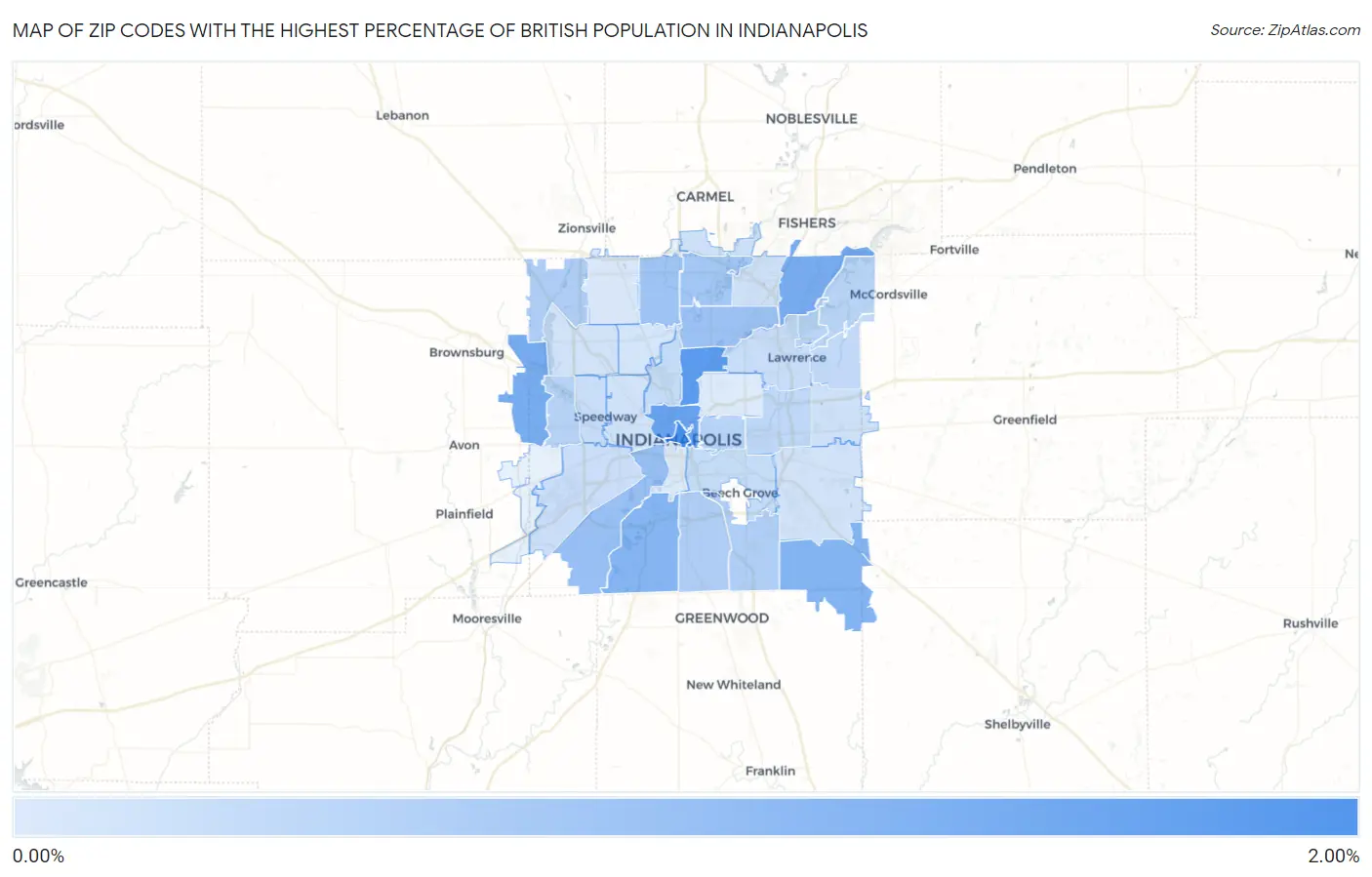 Zip Codes with the Highest Percentage of British Population in Indianapolis Map