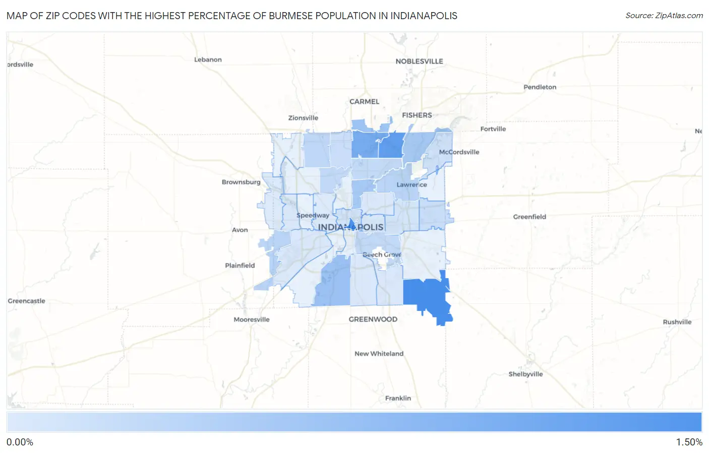 Zip Codes with the Highest Percentage of Burmese Population in Indianapolis Map