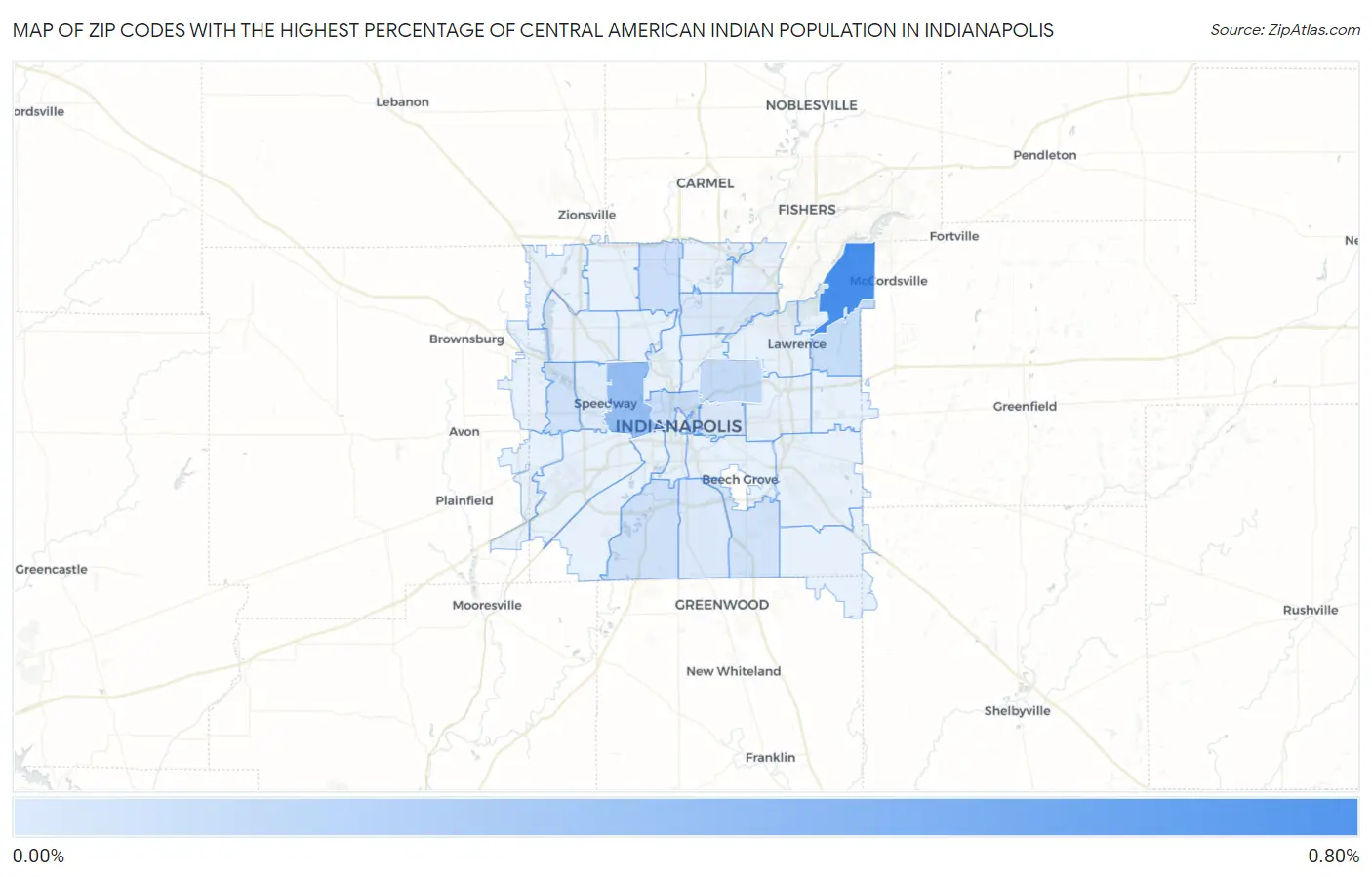 Zip Codes with the Highest Percentage of Central American Indian Population in Indianapolis Map
