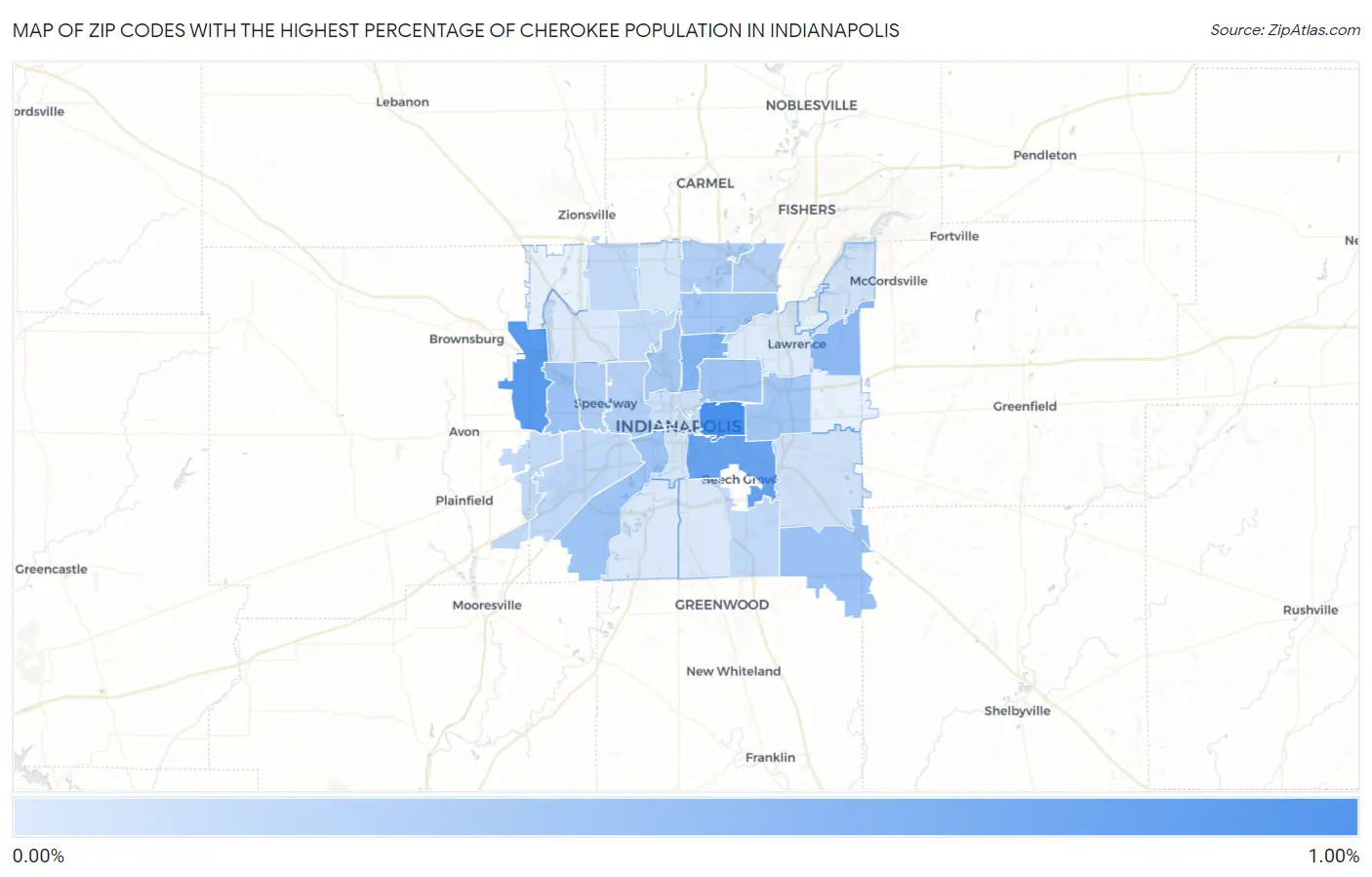 Zip Codes with the Highest Percentage of Cherokee Population in Indianapolis Map