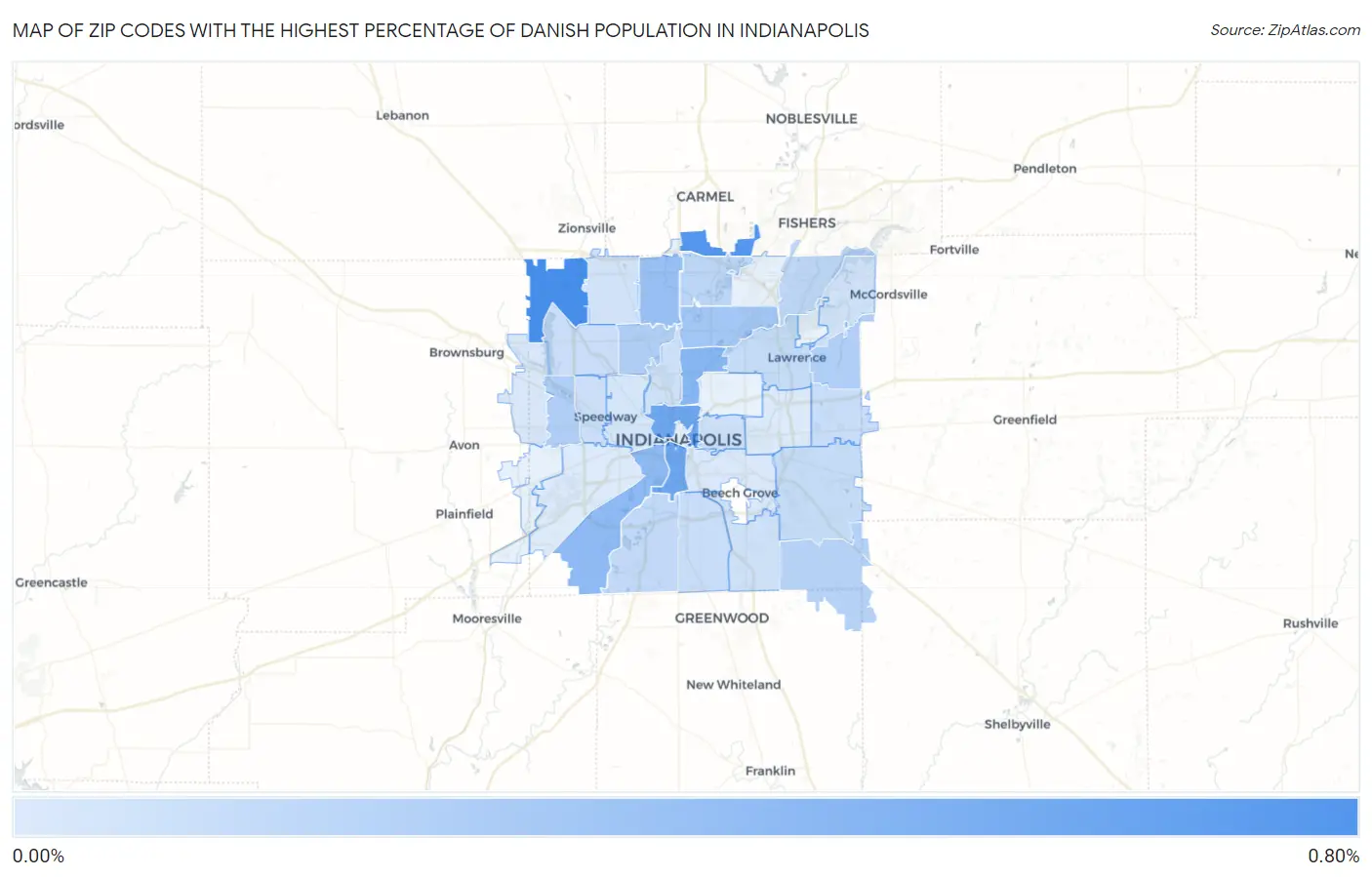 Zip Codes with the Highest Percentage of Danish Population in Indianapolis Map