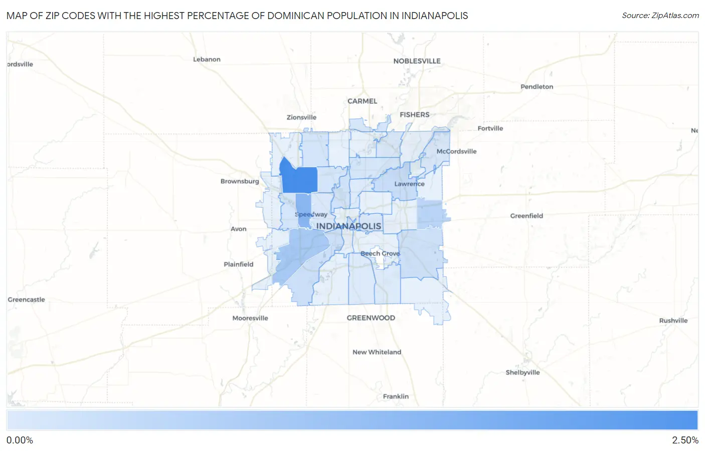 Zip Codes with the Highest Percentage of Dominican Population in Indianapolis Map