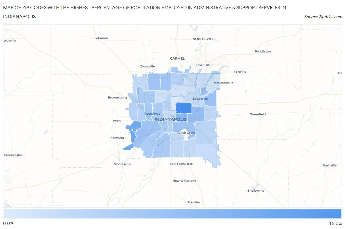 Zip Codes with the Highest Percentage of Population Employed in Administrative & Support Services in Indianapolis Map