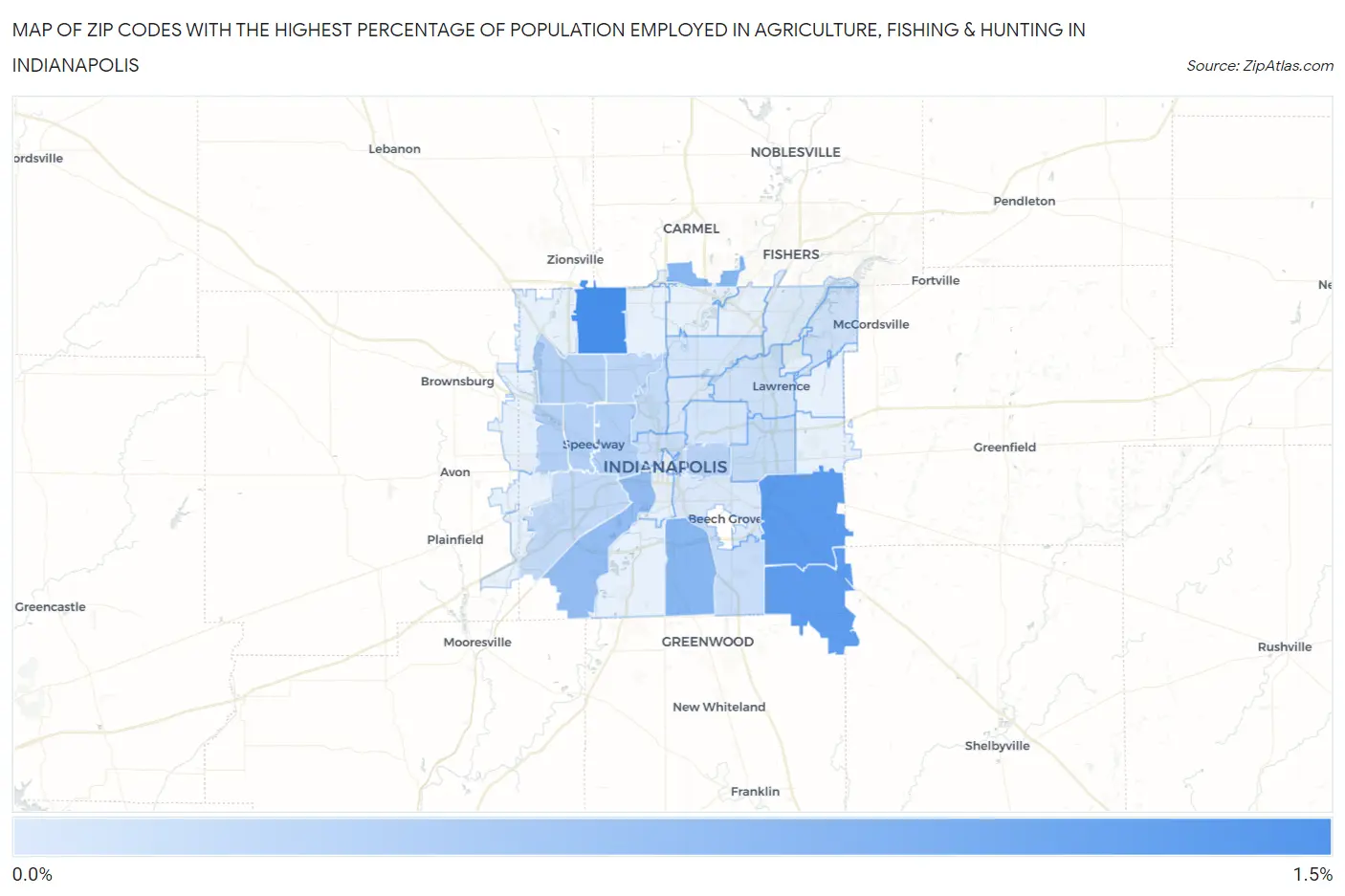 Zip Codes with the Highest Percentage of Population Employed in Agriculture, Fishing & Hunting in Indianapolis Map