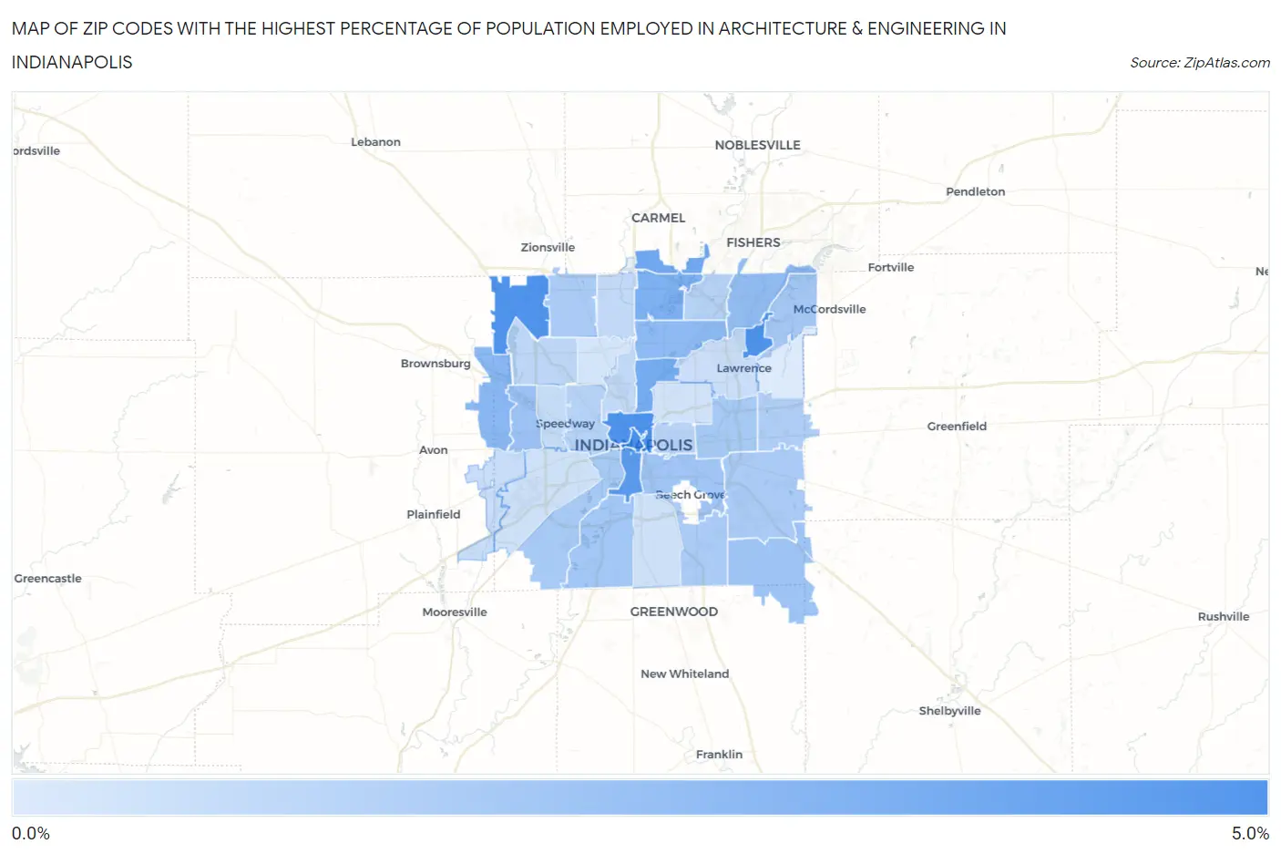 Zip Codes with the Highest Percentage of Population Employed in Architecture & Engineering in Indianapolis Map