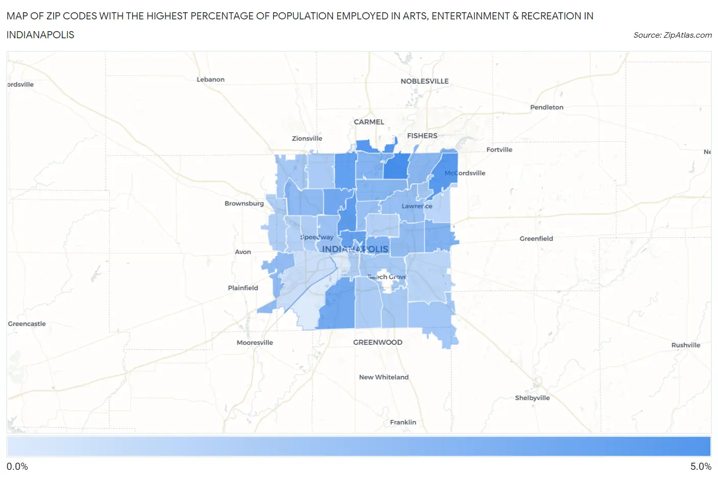 Zip Codes with the Highest Percentage of Population Employed in Arts, Entertainment & Recreation in Indianapolis Map
