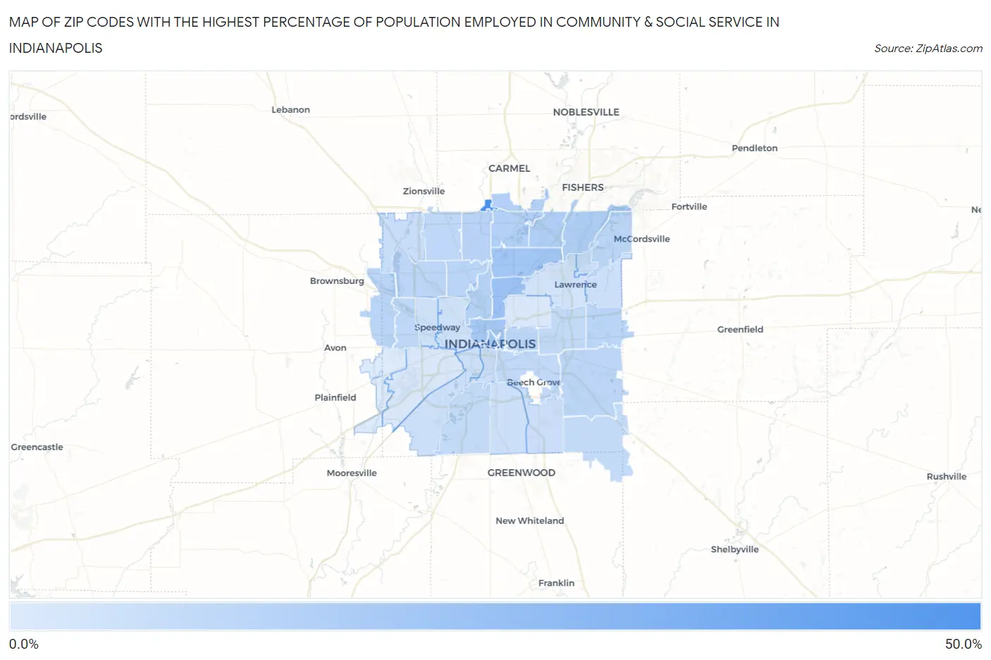 Zip Codes with the Highest Percentage of Population Employed in Community & Social Service  in Indianapolis Map