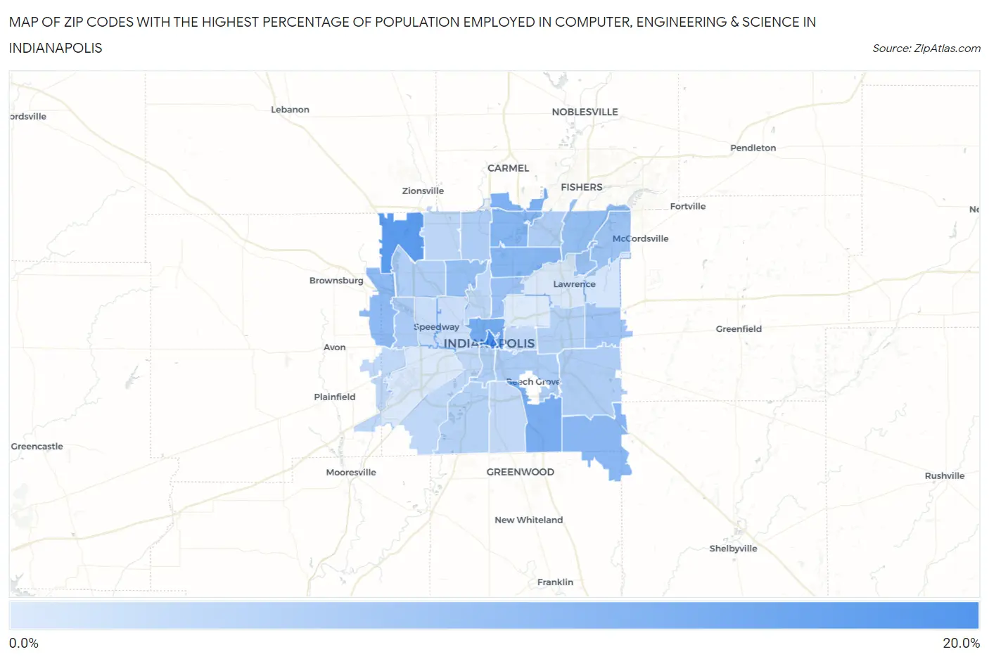 Zip Codes with the Highest Percentage of Population Employed in Computer, Engineering & Science in Indianapolis Map