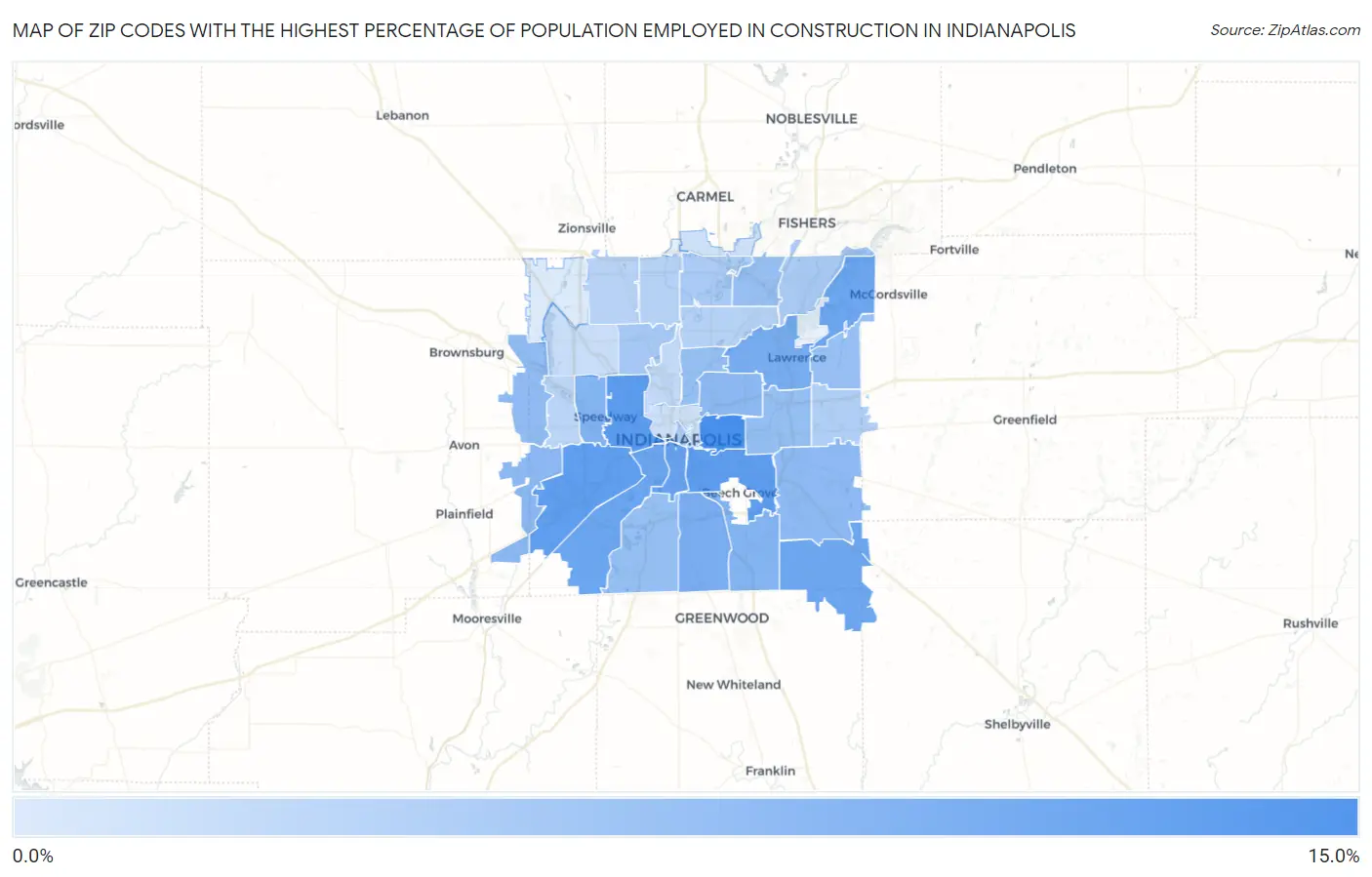 Zip Codes with the Highest Percentage of Population Employed in Construction in Indianapolis Map
