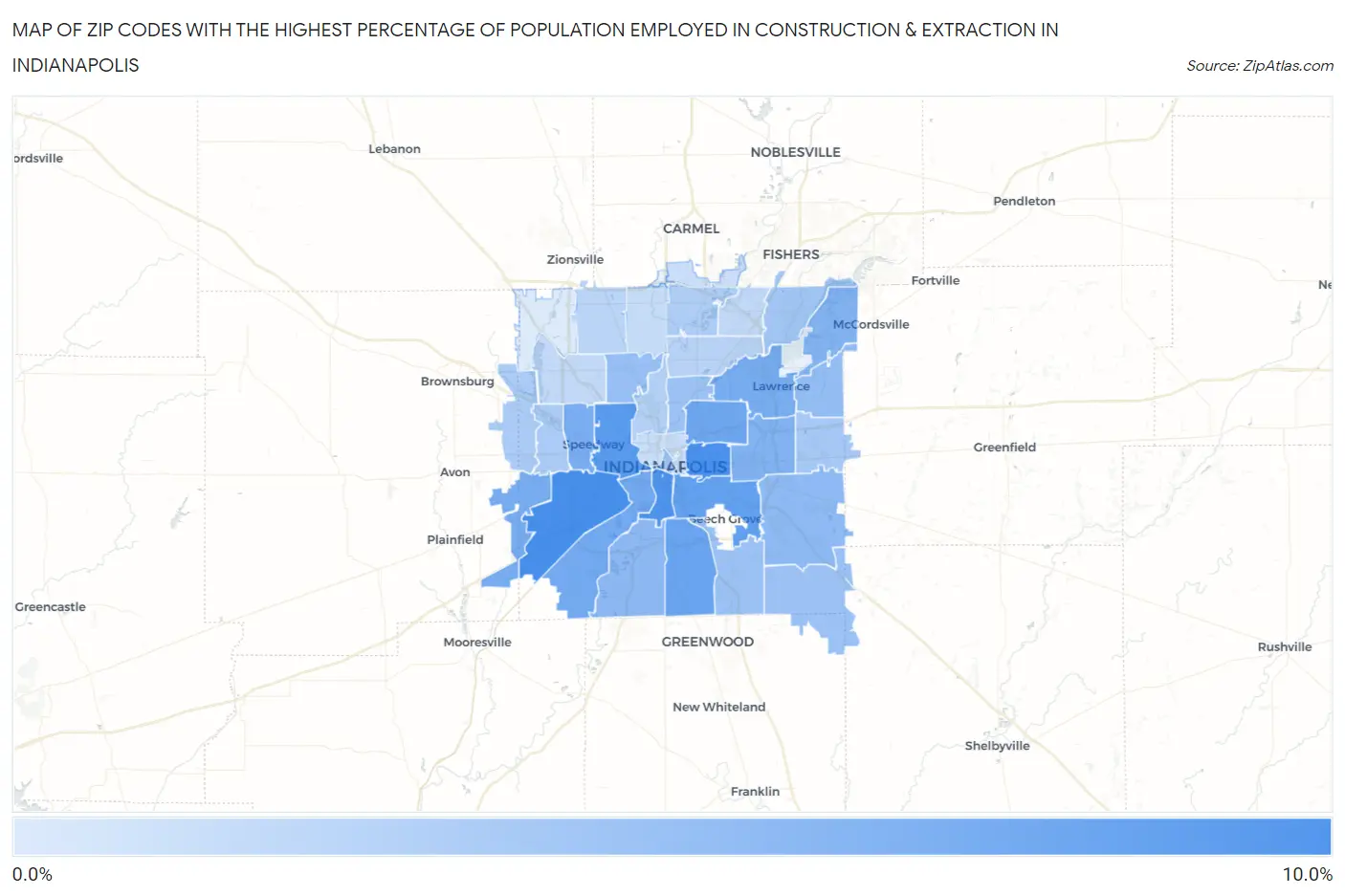 Zip Codes with the Highest Percentage of Population Employed in Construction & Extraction in Indianapolis Map
