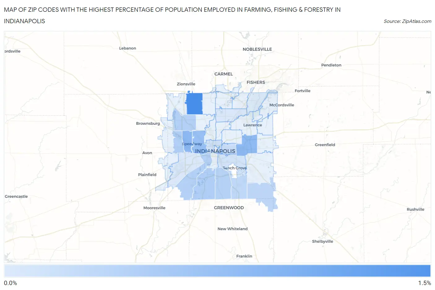 Zip Codes with the Highest Percentage of Population Employed in Farming, Fishing & Forestry in Indianapolis Map