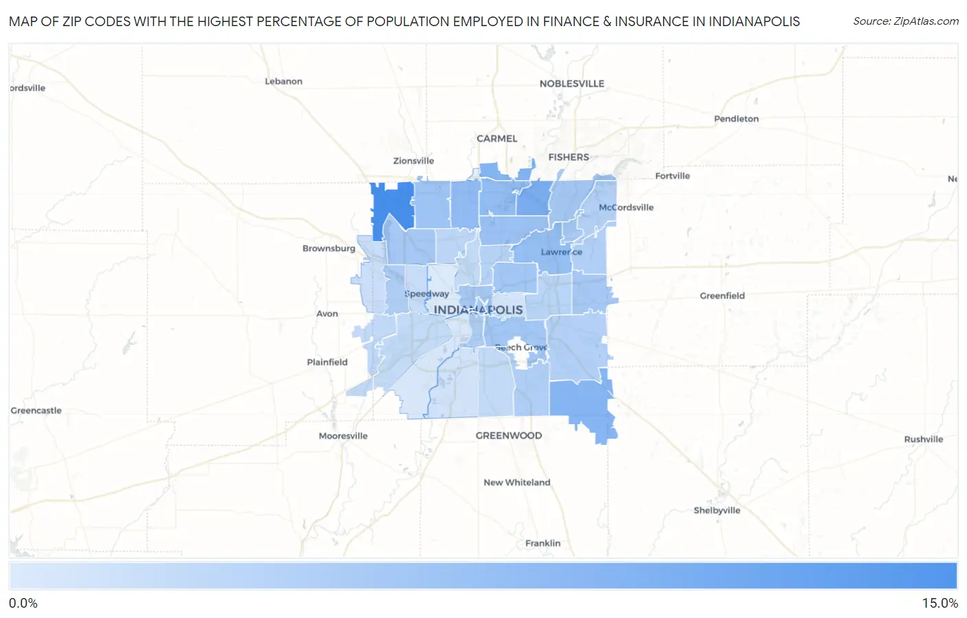 Zip Codes with the Highest Percentage of Population Employed in Finance & Insurance in Indianapolis Map