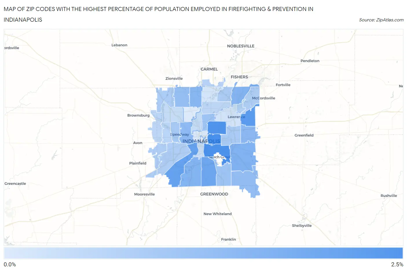 Zip Codes with the Highest Percentage of Population Employed in Firefighting & Prevention in Indianapolis Map