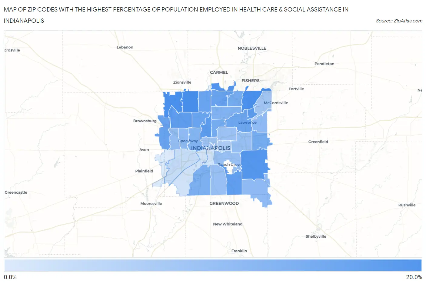 Zip Codes with the Highest Percentage of Population Employed in Health Care & Social Assistance in Indianapolis Map