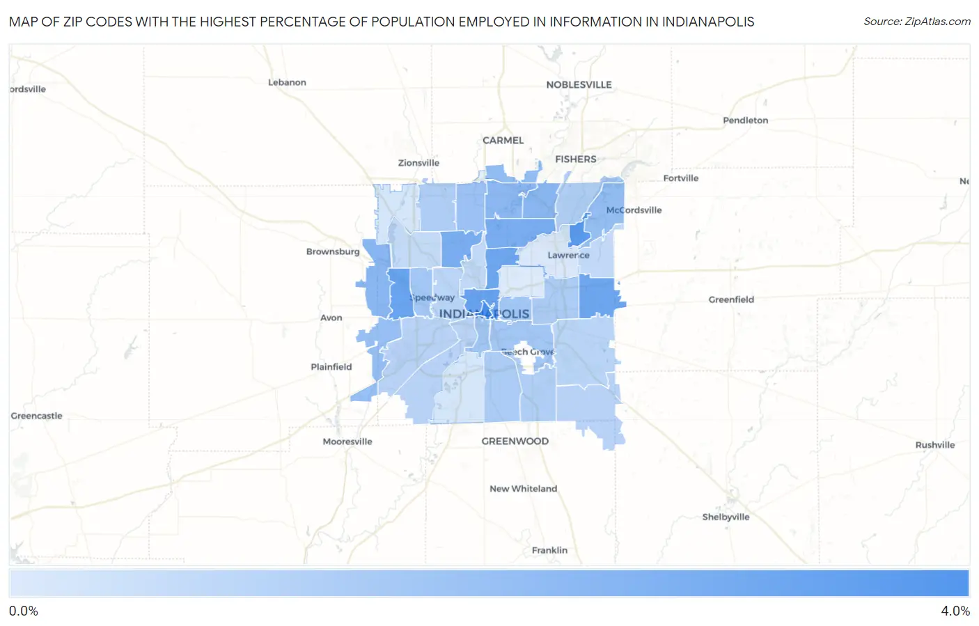 Zip Codes with the Highest Percentage of Population Employed in Information in Indianapolis Map