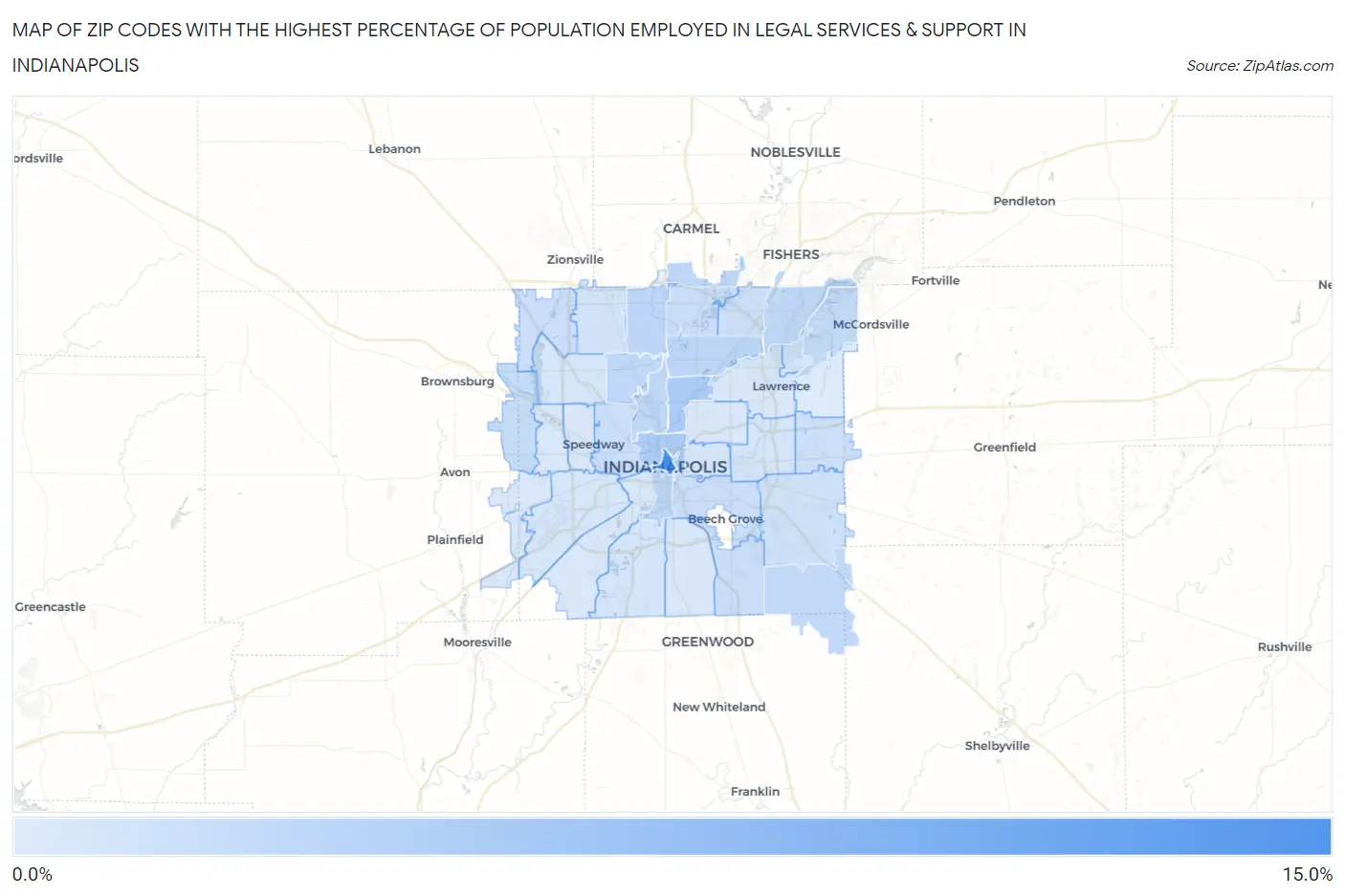 Zip Codes with the Highest Percentage of Population Employed in Legal Services & Support in Indianapolis Map