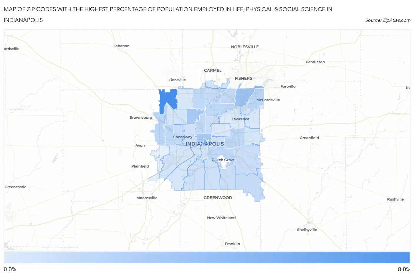 Zip Codes with the Highest Percentage of Population Employed in Life, Physical & Social Science in Indianapolis Map