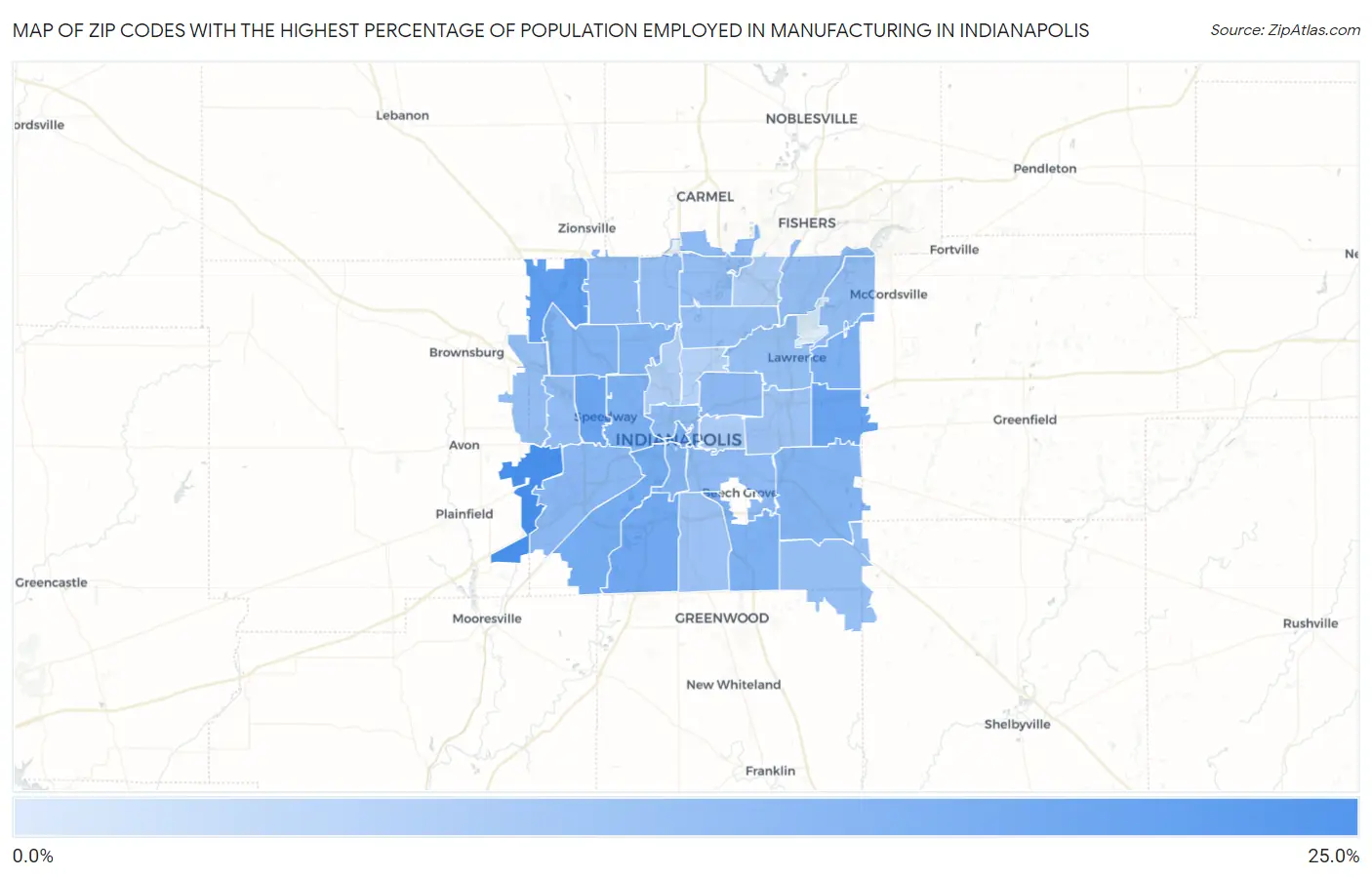 Zip Codes with the Highest Percentage of Population Employed in Manufacturing in Indianapolis Map