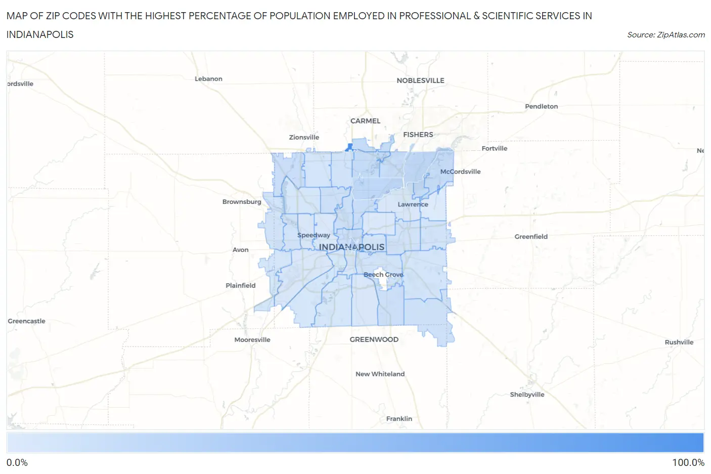 Zip Codes with the Highest Percentage of Population Employed in Professional & Scientific Services in Indianapolis Map