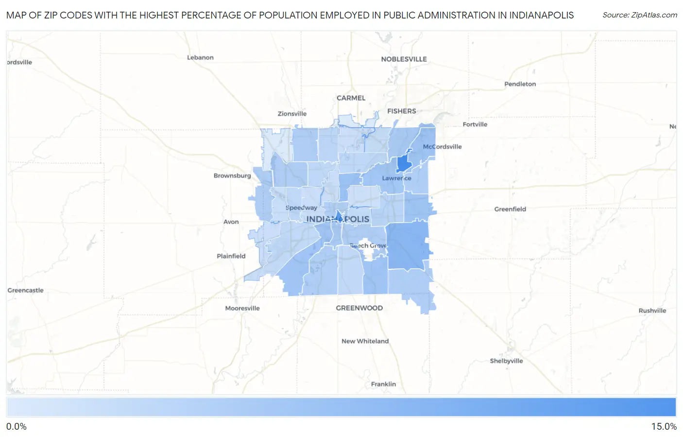 Zip Codes with the Highest Percentage of Population Employed in Public Administration in Indianapolis Map