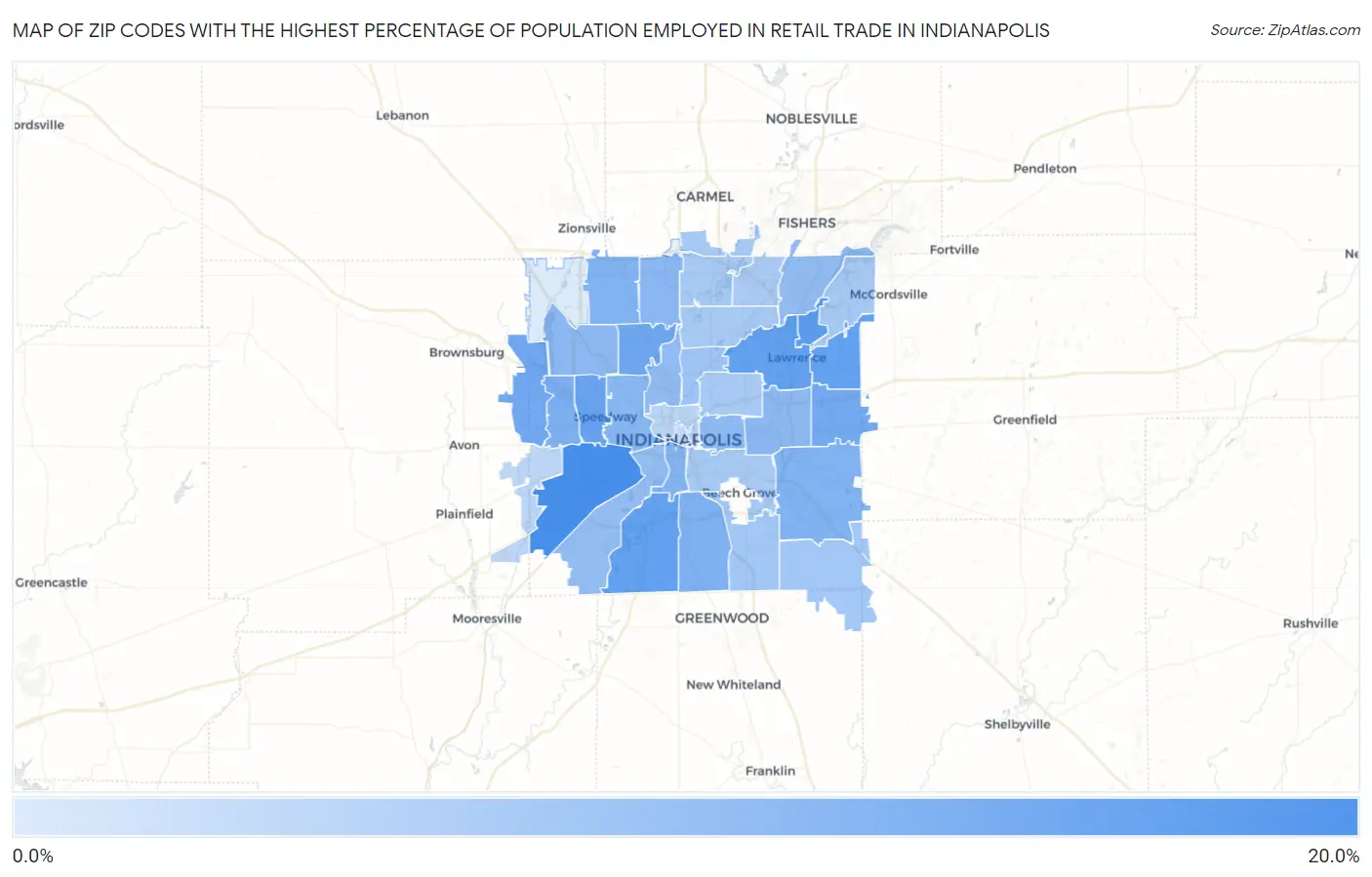 Zip Codes with the Highest Percentage of Population Employed in Retail Trade in Indianapolis Map