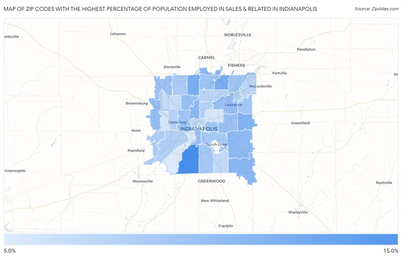 Zip Codes with the Highest Percentage of Population Employed in Sales & Related in Indianapolis Map