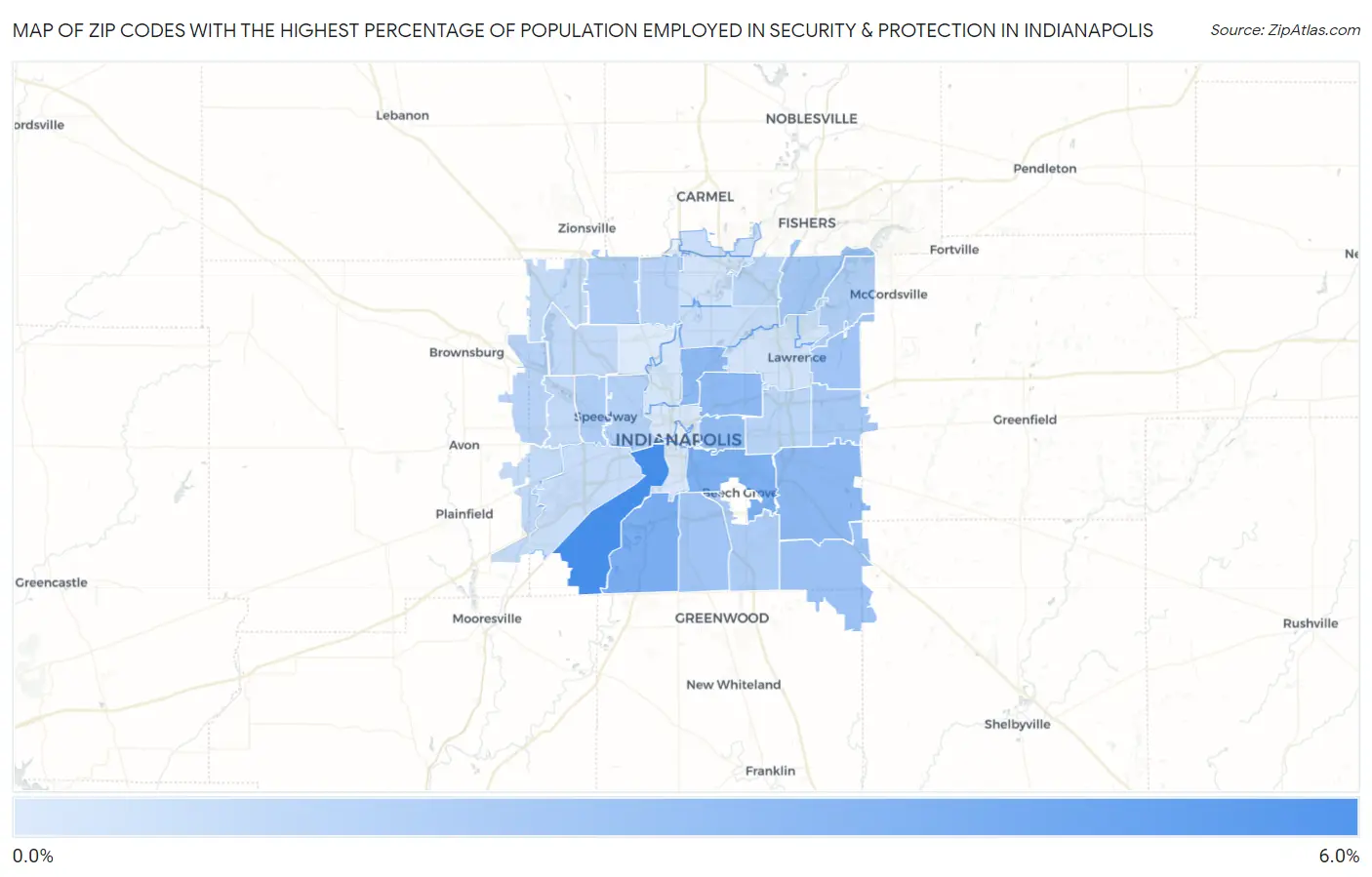 Zip Codes with the Highest Percentage of Population Employed in Security & Protection in Indianapolis Map