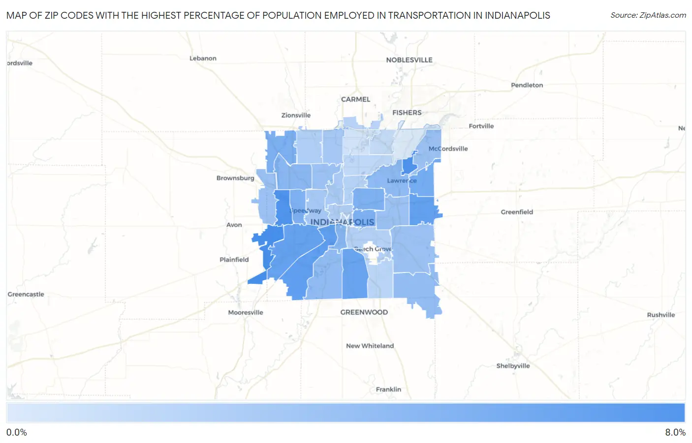 Zip Codes with the Highest Percentage of Population Employed in Transportation in Indianapolis Map