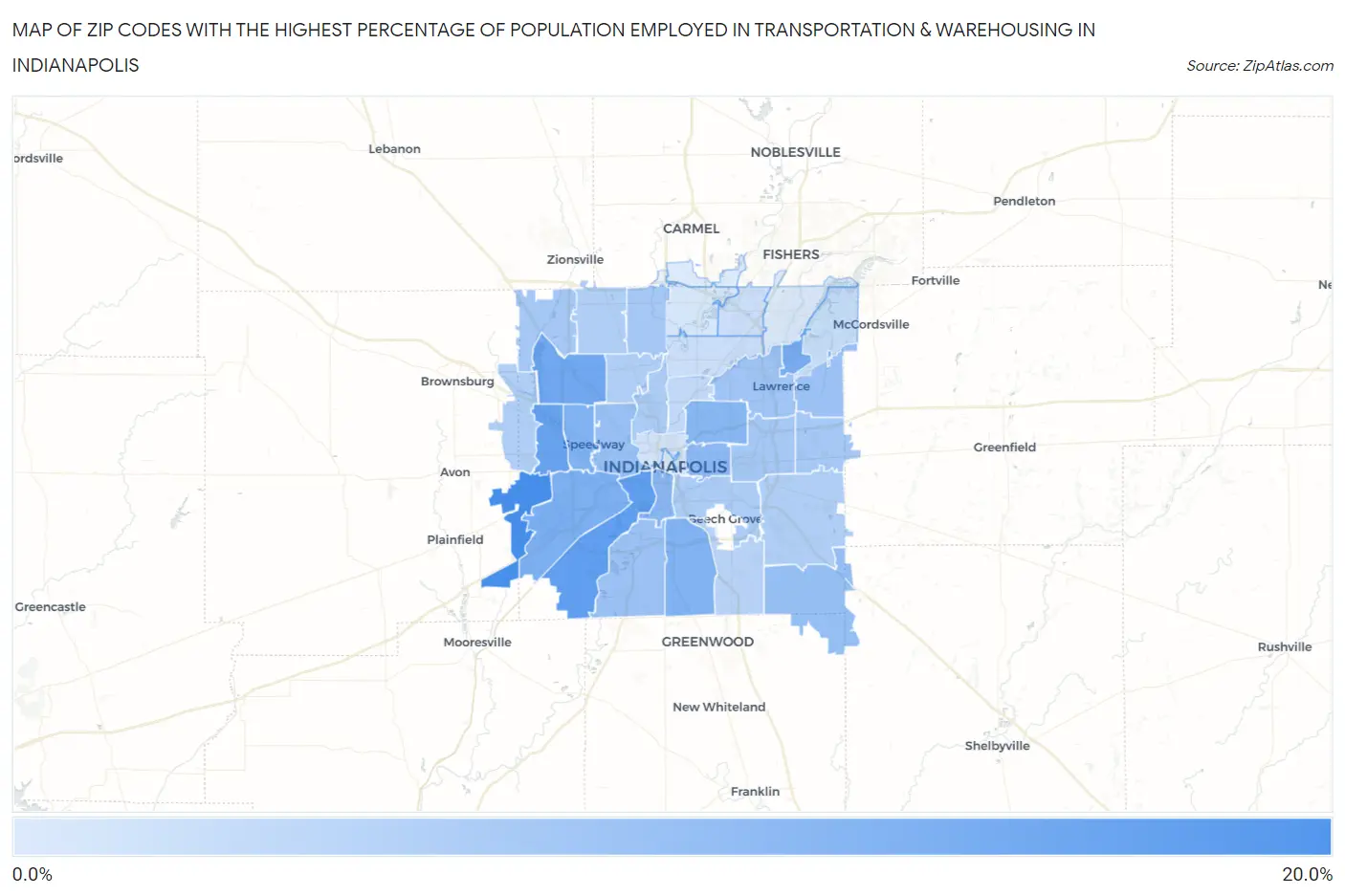 Zip Codes with the Highest Percentage of Population Employed in Transportation & Warehousing in Indianapolis Map