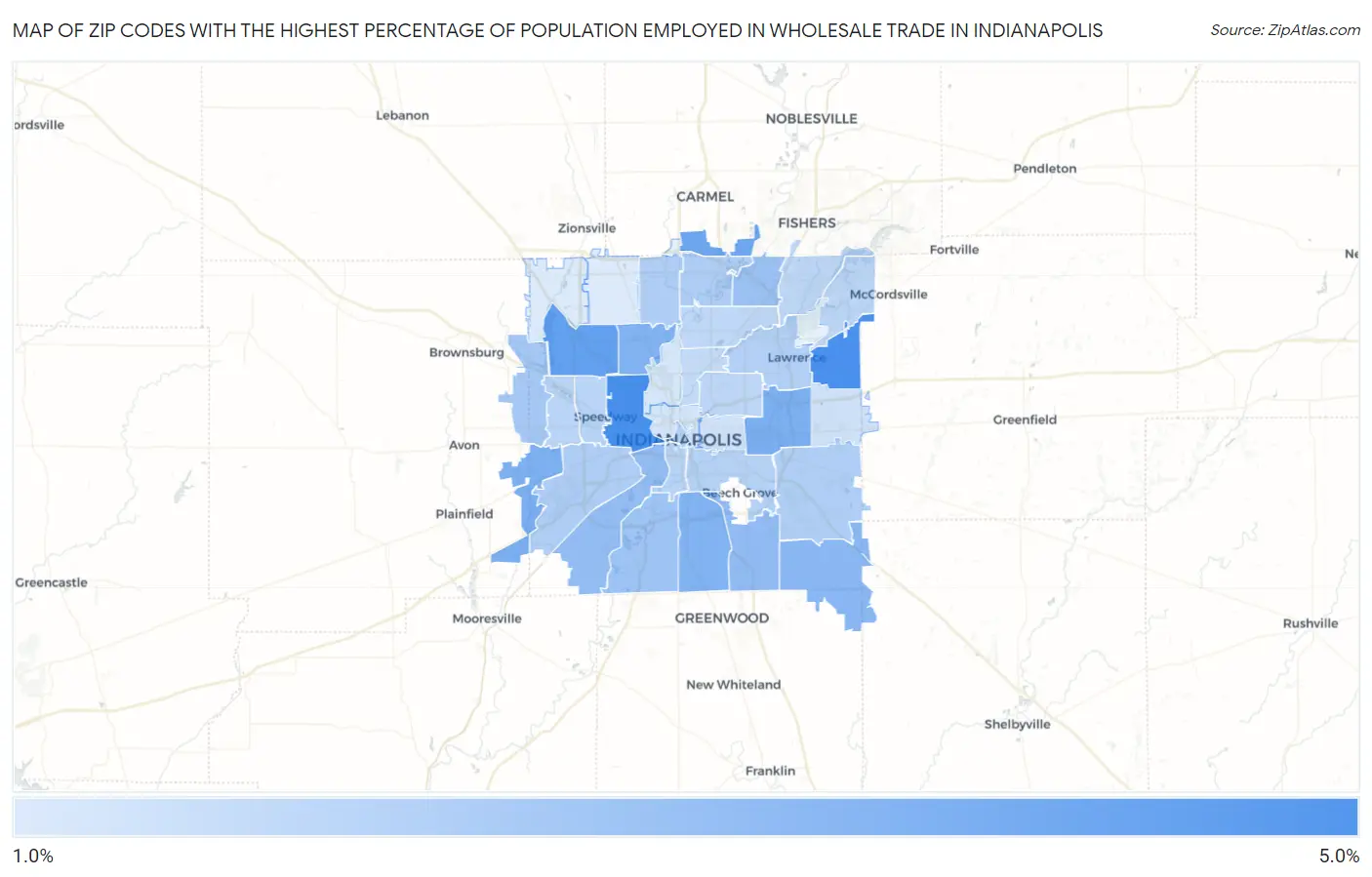 Zip Codes with the Highest Percentage of Population Employed in Wholesale Trade in Indianapolis Map