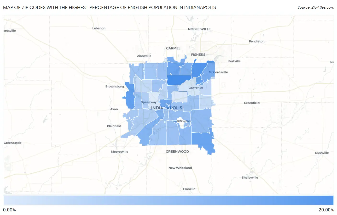 Zip Codes with the Highest Percentage of English Population in Indianapolis Map