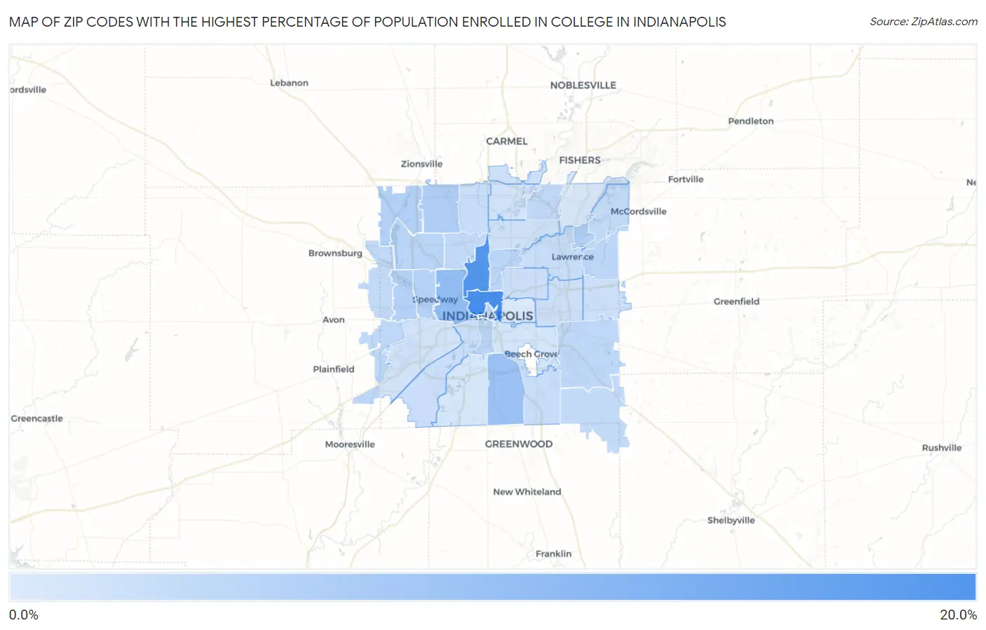 Zip Codes with the Highest Percentage of Population Enrolled in College in Indianapolis Map