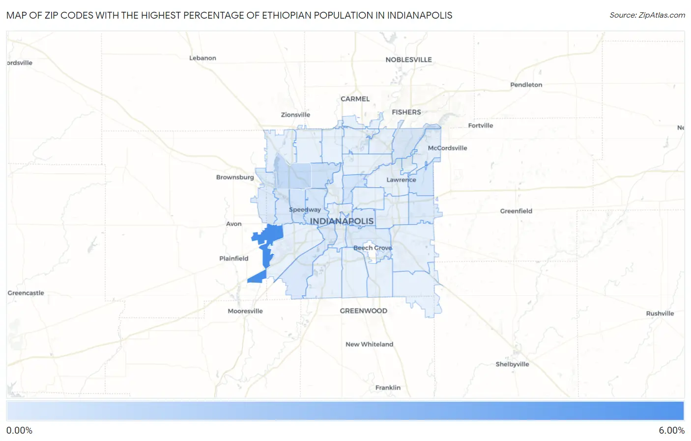 Zip Codes with the Highest Percentage of Ethiopian Population in Indianapolis Map