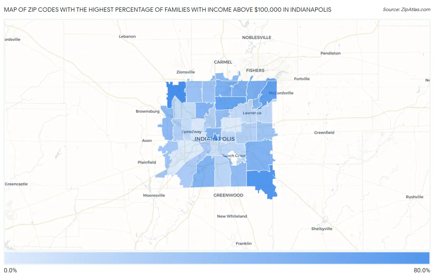Zip Codes with the Highest Percentage of Families with Income Above $100,000 in Indianapolis Map