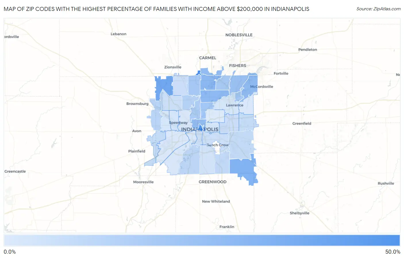 Zip Codes with the Highest Percentage of Families with Income Above $200,000 in Indianapolis Map