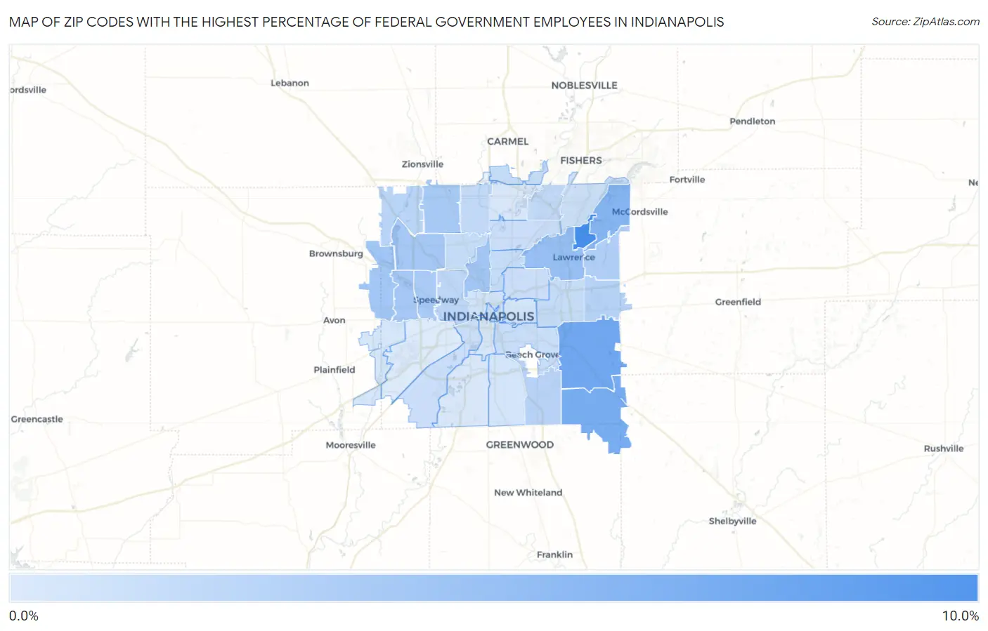 Zip Codes with the Highest Percentage of Federal Government Employees in Indianapolis Map