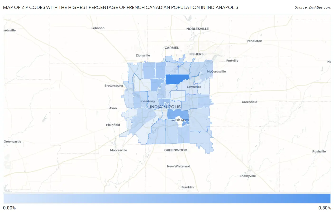 Zip Codes with the Highest Percentage of French Canadian Population in Indianapolis Map