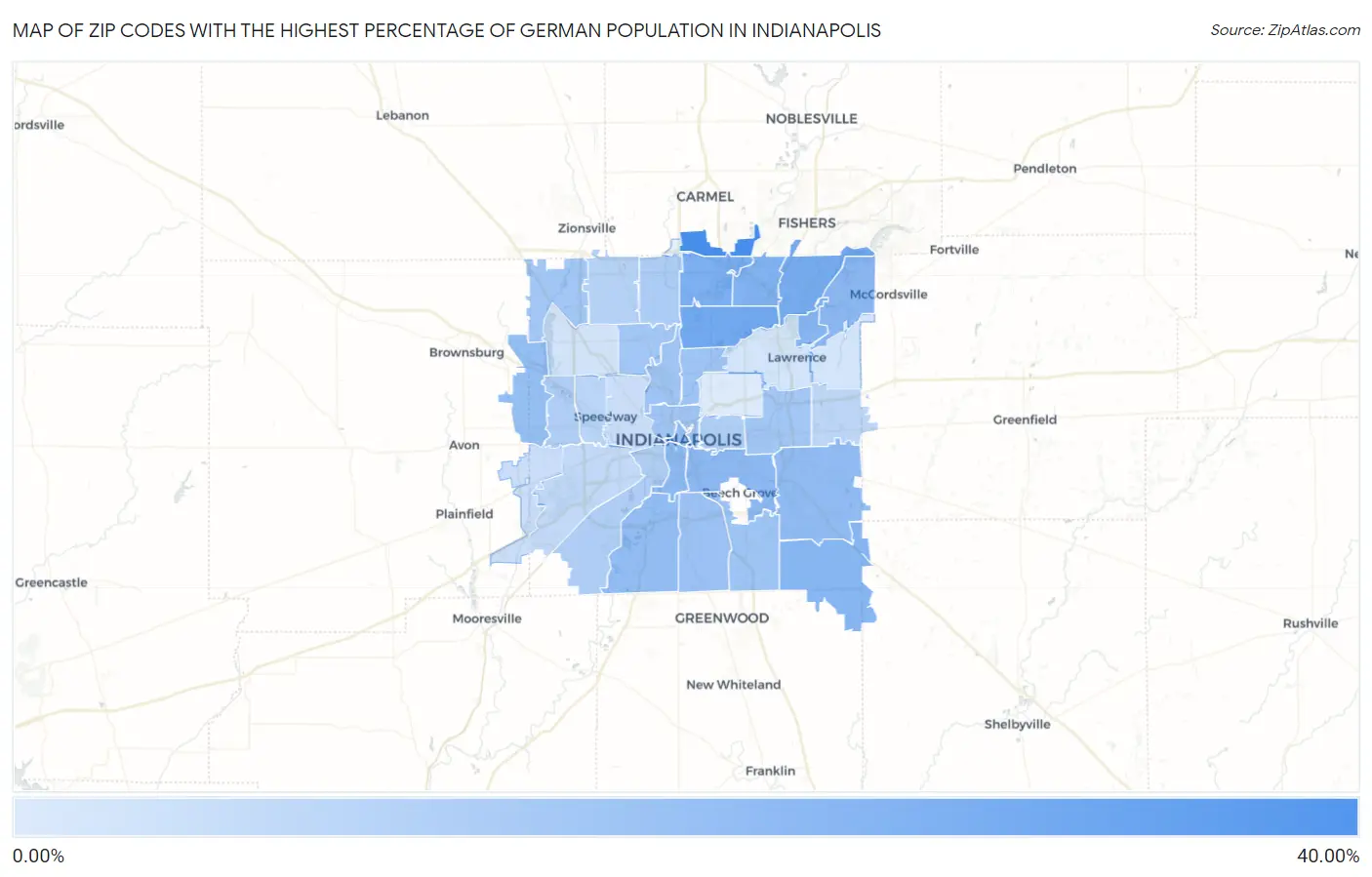 Zip Codes with the Highest Percentage of German Population in Indianapolis Map