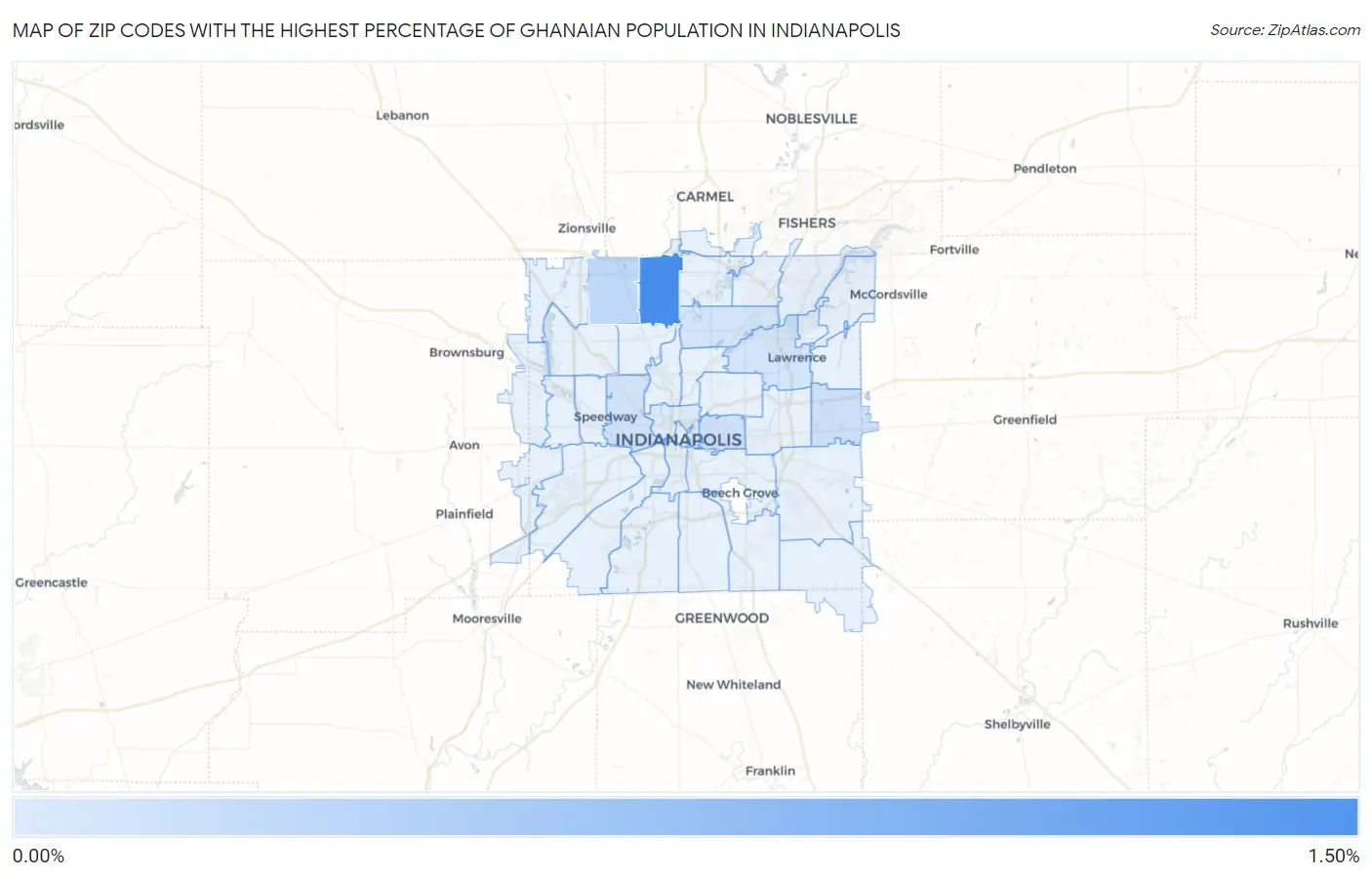 Zip Codes with the Highest Percentage of Ghanaian Population in Indianapolis Map